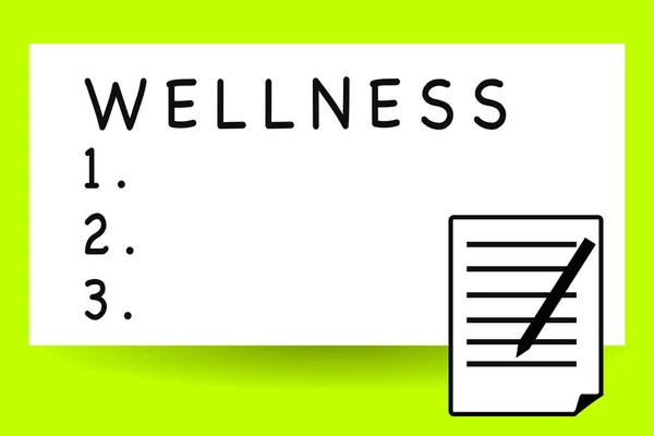 Handwriting text writing Wellness. Concept meaning state of being in good health especially as actively pursued goal Sheet of Pad Paper with Lines and Margin Ballpoint Pen on top Flip corner.