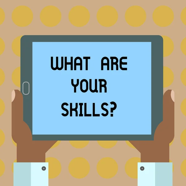 단어 텍스트 무엇 당신의 Skillsquestion를 작성입니다. 사업 개념에 대 한 우리에 게 당신의 능력 지식 경험 후 분석 손을 잡고 빈 스크린 태블릿 스마트폰 디스플레이 장치 사진. — 스톡 사진