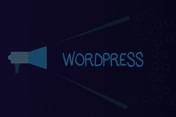 Sinal de texto mostrando Wordpress. Foto conceitual software de publicação de fonte livre que pode instalado servidor web Megaphone Extending Loudness and Volume Range for Public Announcement . — Fotografia de Stock