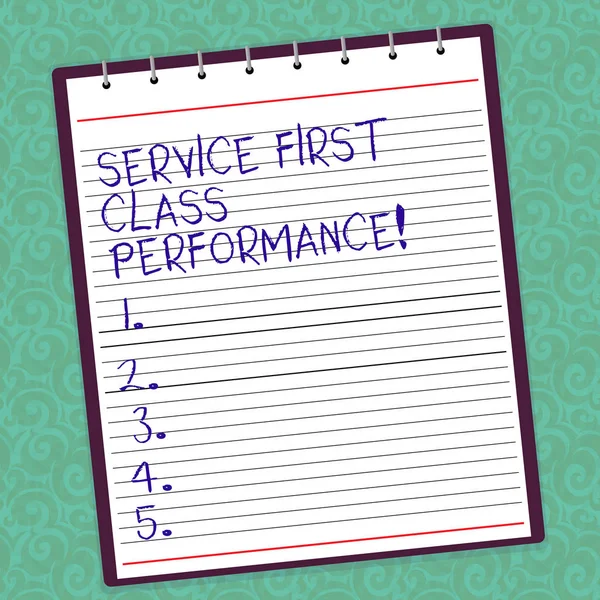 Writing note showing Service First Class Perforanalysisce. Business photo showcasing Great services High quality top the best Lined Spiral Top Color Notepad photo on Watermark Printed Background.