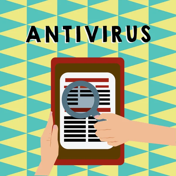 Escribiendo nota mostrando Antivirus. Software de presentación de fotos de negocios diseñado para detectar y destruir virus informáticos Lupa de mano Leer artículo o buscar en la tableta . — Foto de Stock