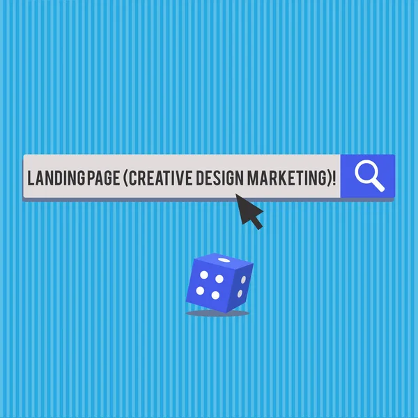 Nota de escrita mostrando Landing Page Creative Design Marketing. Foto de negócios exibindo Homepage publicidade mídia social 3D Dados com sombra e seta Apontando no botão meio-tom . — Fotografia de Stock
