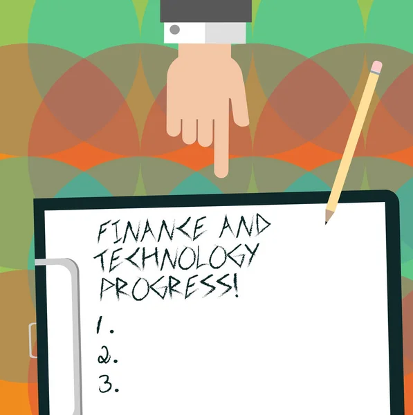 Konzeptionelle Handschrift, die den finanziellen und technologischen Fortschritt zeigt. Business Foto Text Finanzanalyse Geschäftsstrategien hu Analyse Hand zeigt auf Klemmbrett mit Papier und Bleistift. — Stockfoto