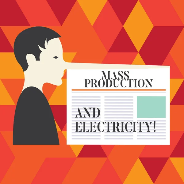 Nota de escritura mostrando Producción en Masa y Electricidad. Foto de negocios mostrando Fuente de alimentación eléctrica industrial Hombre con una nariz muy larga como Pinocho un periódico en blanco se adjunta . —  Fotos de Stock