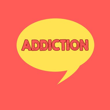 El yazısı metin bağımlılık yazıyor. Belirli madde veya etkinliği konuşma balonu Oval şeklinde katı renk uzayındaki dairesel metin kuyruklu bağımlısı kavramı anlam durumu.