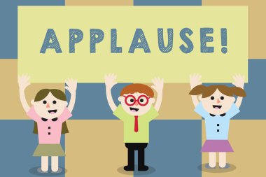 Conceptual hand writing showing Applause. Business photo text approval or praise expressed by clapping cheering whistling School Kids with Arms Raising up are Singing Smiling Talking. clipart