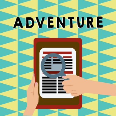 Macera gösterilen Not yazma. İş fotoğraf vitrine garip ve heyecan verici bir veya takım el tutun Büyüteç okuma makale veya tablet arama tarafından yapılan deneyim cesur.