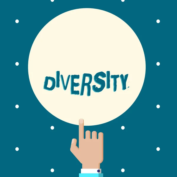 Word writing text Diversity. Business concept for state of being diverse range different things miscellany mixture Male Hu analysis Hand Pointing up Index finger Touching Solid Color Circle. — Stock Photo, Image