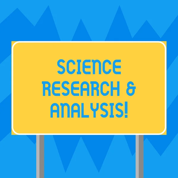Signo de texto que muestra Investigación y Análisis Científicos. Foto conceptual Experimento de investigación médica de laboratorio Blanco rectangular al aire libre Señalización de color foto con dos patas y contorno . —  Fotos de Stock