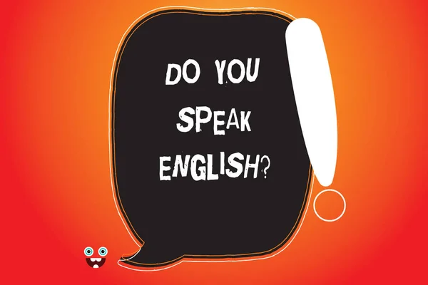 필기 텍스트 작성 할 당신이 이야기 Englishquestion입니다. 스 피킹 느낌표 괴물 얼굴 아이콘 빈 색상 연설 거품 설명 하는 다른 언어 학습을 의미 하는 개념. — 스톡 사진