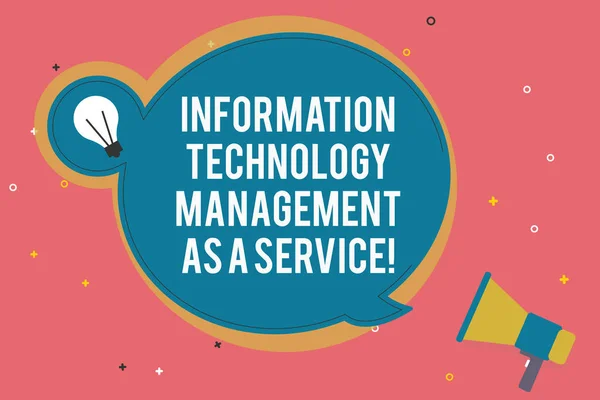 Szöveg jel mutatja információ technológia vezetés mint szolgáltatás. Konceptuális fotó is segítséget üres kerek beszéd buborék izzó ötlet Icon matrica stílus és a megafon támogatása. — Stock Fotó