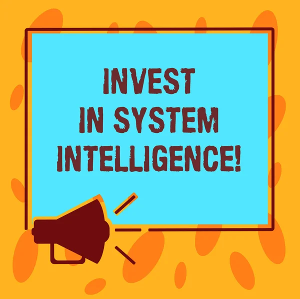 Writing note showing Invest In System Intelligence. Business photo showcasing Investing in digital modern data analysisagement Megaphone Sound icon Outlines Square Loudspeaker Text Space photo.
