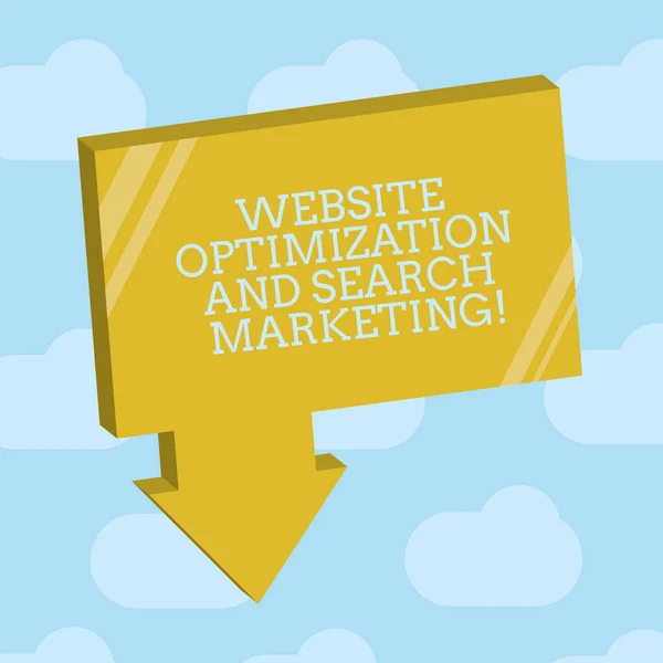 Text sign showing Website Optimization And Search Marketing. Conceptual photo Search engine optimization Blank 3D Rectangular Shape Form with connecting Arrow pointing downward.