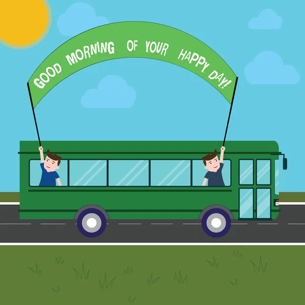 Günaydın Sayın mutlu gün yazma el yazısı metin. Hayatta iki çocuklar içinde okul otobüsü tutarak dışarı afiş ile bir günlük gezi çubuğa mutluluk kavramı anlamı en iyi tebrik istiyor. — Stok fotoğraf