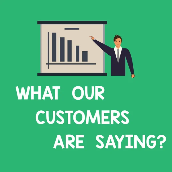 Conceptual hand writing showing What Our Customers Are Saying. Business photo text Satisfaction level reviews client feedback Man in Business Suit Pointing a Board Bar Chart Copy Space.