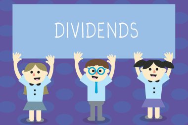 Writing note showing Dividends. Business photo showcasing sum of money paid regularly by company to shareholders out profits School Kids with Arms Raising up are Singing Smiling Talking clipart