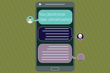 Sana oluşturmak senin kendi fırsatları gösterilen Not yazma. İş fotoğraf vitrine kader ve şans Mobile Messenger ekranı sohbet başkanları ve boş renk konuşma balonları ile yaratıcısı olmak.