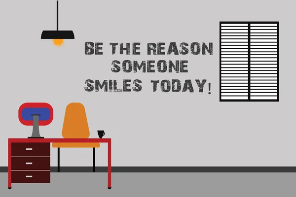 Escrevendo uma nota mostrando Be The Reason Someone Smiles Today. Exibição de fotos de negócios Faça alguém feliz Dê alguma alegria Minimalista Interior Computador e Área de Estudo Dentro de uma Sala . — Fotografia de Stock