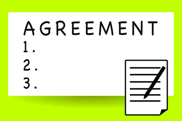 Escritura a mano Acuerdo de redacción de texto. Concepto que significa armonía o acuerdo en opinión o sentimiento negociado positivamente Hoja de papel de almohadilla con líneas y bolígrafo de margen en la esquina superior Flip . — Foto de Stock