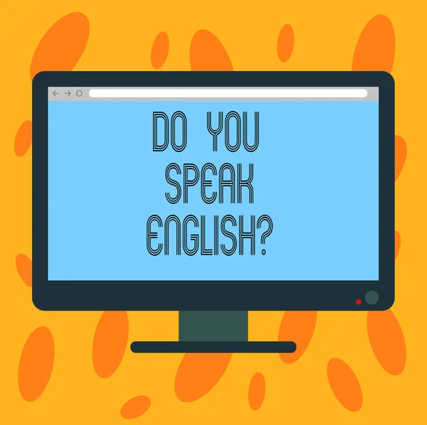 Het schrijven van nota tonen doen u Englishquestion te spreken. Zakelijke foto presentatie van spreken in het leren van verschillende talen leeg Computer Desktop Monitor kleur scherm gemonteerd met Progress Bar. — Stockfoto