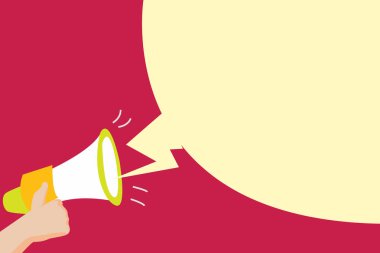 İnsan eli elinde megafon ses efekti ve boş yayın kabarcık reklam için düz tasarım iş vektör çizim boş şablon esp izole Minimalist grafik düzeni şablonu