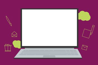 Açık Laptop ile boş ekran reklam ve simgeler yazmak için düz tasarım iş vektör çizim boş şablon esp izole Minimalist grafik düzeni şablonu bulutlu zemin üzerinde yüzen