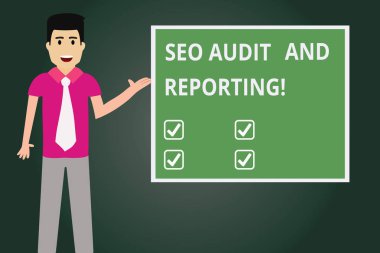 SEO Denetim ve raporlama gösterilen metin işareti. Kavramsal fotoğraf arama motoru optimizasyonu inceleme ile bilgi ver adam kravat ayakta konuşurken sunan renk Meydanı Pano fotoğraf.