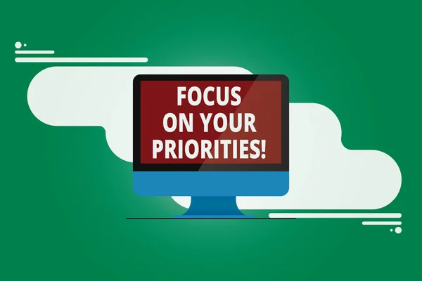 Writing note showing Focus On Your Priorities. Business photo showcasing Make a plan based on important things to do Mounted Computer Monitor Blank Reflected Screen on Abstract Background. — Stock Photo, Image