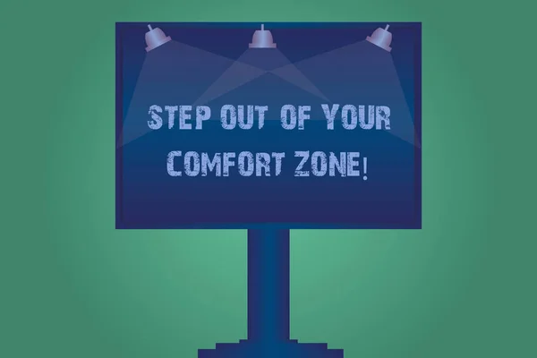 Tekst pisma Step Out Of Your Comfort Zone. Pojęcia, co oznacza różne rzeczy pozostawić rutynowych zdjęcie puste Lampa świeci kolor Signage reklamy zewnętrzne zamontowane na jednej nodze. — Zdjęcie stockowe