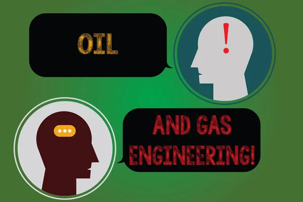 Handwriting text writing Oil And Gas Engineering. Concept meaning Petroleum company industrial process engineer Messenger Room with Chat Heads Speech Bubbles Punctuations Mark icon. — Stock Photo, Image