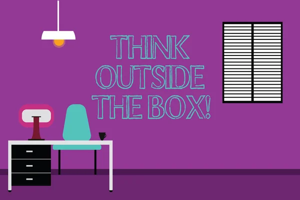 Письменный почерк Think Outside The Box. Концепция означает Быть уникальными различные идеи приносят мозговой штурм рабочее пространство Минималистский интерьер Компьютер и кабинет области внутри комнаты фото . — стоковое фото