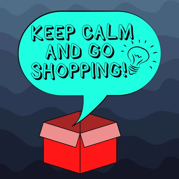 Writing note showing Keep Calm And Go Shopping. Business photo showcasing Relax leisure time relaxing by purchasing Idea icon Inside Blank Halftone Speech Bubble Over an Open Carton Box.
