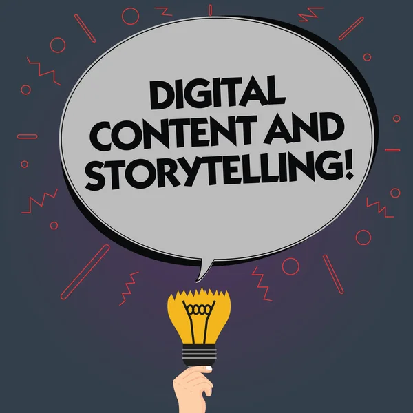 Word writing text Digital Content And Storytelling. Business concept for Marketing advertising optimization strategy Blank Oval Color Speech Bubble Above a Broken Bulb with Failed Idea icon.