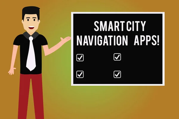 Uwaga: pisanie Wyświetlono Smart City żegluga Apps. Biznesowe zdjęcie prezentujący połączono technologicznych zaawansowane nowoczesne miasta człowiek z Tie rozmowy prezentując kolor kwadrat deska. — Zdjęcie stockowe