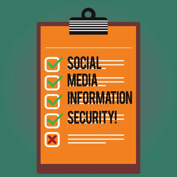 Text sign showing Social Media Information Security. Conceptual photo Safety in online multimedia services Lined Color Vertical Clipboard with Check Box photo Blank Copy Space.