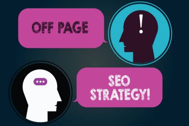 Kavramsal el Off Page Seo strateji gösterilen yazma. Arama motoru optimizasyonu stratejileri Web sitesi Messenger oda başkanları konuşma kabarcıklar noktalamalar sohbet ile vitrine iş fotoğraf.