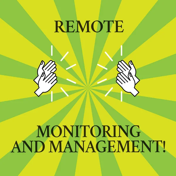 Word tekst intoetsen Remote Monitoring en Management. Businessconcept voor interlokale monitor gegevens analysisager analyse van de tekening van Hu handen klappen met geluidspictogram op twee Tone Sunburst. — Stockfoto