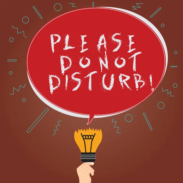 Conceptual hand writing showing Please Do Not Disturb. Business photo showcasing Let us be quiet and rest Hotel room sign Privacy Oval Speech Bubble Above a Broken Bulb with Failed Idea icon.