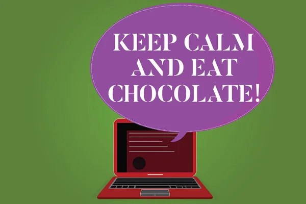 Word writing text Keep Calm And Eat Chocolate. Business concept for Everything is better when you are eating sweets Certificate Layout on Laptop Screen and Blank Halftone Color Speech Bubble.