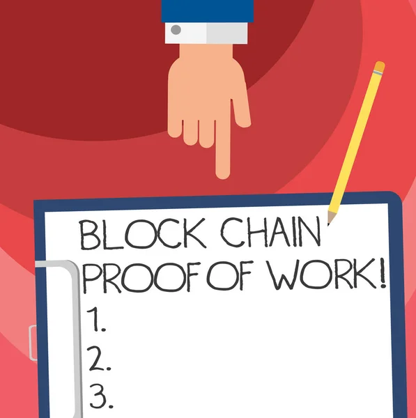 Word writing text Block Chain Proof Of Work. Business concept for Decentralized money trading cryptocurrency Hu analysis Hand Pointing Down to Clipboard with Blank Bond Paper and Pencil. — Stock Photo, Image