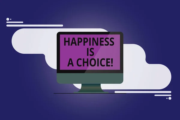 Text znamení ukazující štěstí je A volbou. Konceptuální fotografie pobytu šťastný veselý neustále inspiroval motivované namontován prázdné odráží obrazovce počítače na pozadí abstraktní. — Stock fotografie