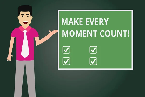 Segno di testo che mostra Make Every Moment Count. Foto concettuale Pensiero positivo sempre buon atteggiamento energia Uomo con cravatta Parlare in piedi Presentazione Bianco Colore Quadrato Foto di bordo . — Foto Stock