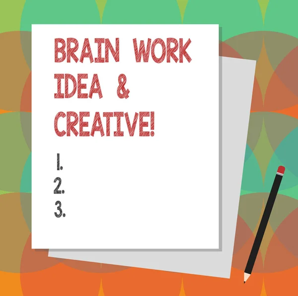 Signe texte montrant Brain Work Idea And Creative. Photo conceptuelle Créativité remue-méninges Pensée innovante Empilement de papier Pastel Color Construction Bond et crayon . — Photo