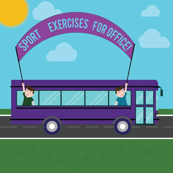 Tekst znaku wskazującym ćwiczenia sportowe dla pakietu Office. Koncepcyjne zdjęcie pracy w miejscu pracy pobytu zmieścić dwoje dzieci wewnątrz autobusu szkolnego, trzymając się Banner z kijem na wycieczkę. — Zdjęcie stockowe