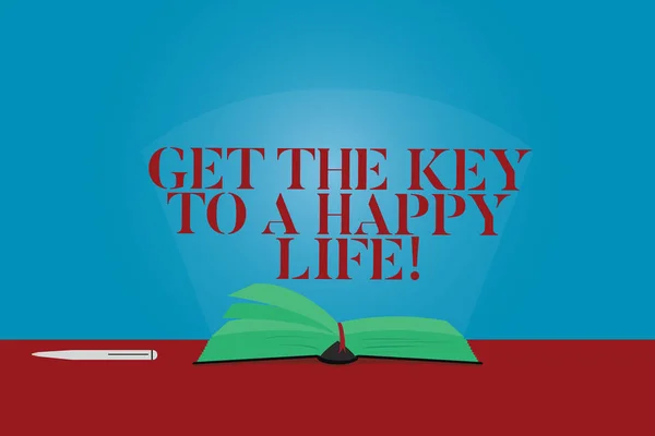 Escritura manual conceptual que muestra Get The Key To A Happy Life. Texto de la foto de negocios Motivación inspiración para el cumplimiento de la felicidad Páginas de color del libro en la mesa con lápiz y haz de luz Deslumbrante . — Foto de Stock