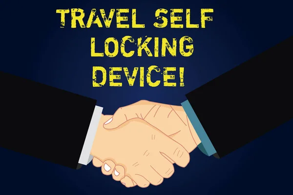 Escrita à mão escrita de texto Travel Self Locking Device. Conceito significado Proteger sua bagagem Bloqueio de bagagem na viagem Análise de Hu Abalar as mãos no acordo Sinal de respeito e honra . — Fotografia de Stock