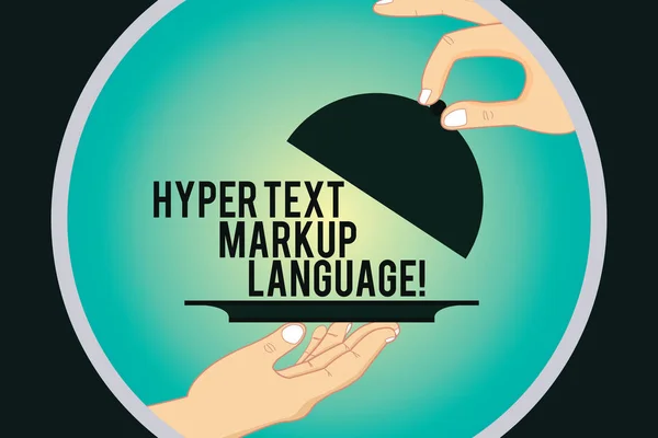 Word pisanie tekstu Hyper Text Markup Language. Koncepcja biznesowa dla standardowych języków do tworzenia stron internetowych Hu analizy rękami Patera taca i podnoszenia pokrywy wewnątrz koło kolorów. — Zdjęcie stockowe