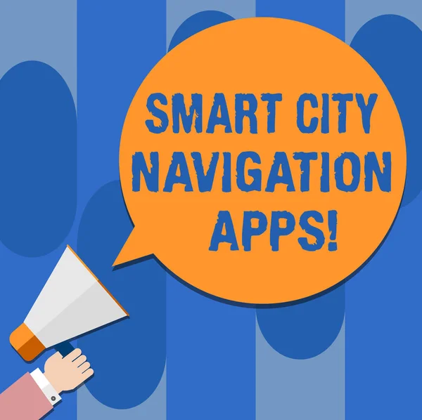 Writing note showing Smart City Navigation Apps. Business photo showcasing Connected technological advanced modern cities Hu analysis Hand Holding Megaphone Color Speech Bubble.