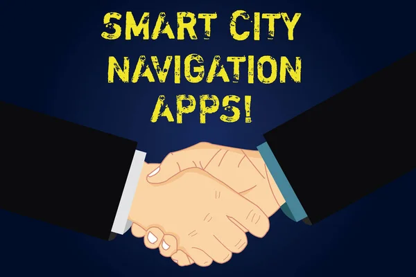 Tekst pisma ręcznego pisania Smart City żegluga Apps. Koncepcję co oznacza połączono technologicznych zaawansowanej analizy Hu nowoczesnych miast drżenie rąk na umowie znak szacunku i honoru. — Zdjęcie stockowe