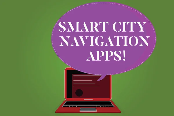 Programu Word, pisanie tekstu Smart City żegluga Apps. Koncepcja biznesowa dla Connected technologicznych zaawansowane nowoczesne miasta certyfikatu układ na ekranie laptopa i puste Rastrowanie kolorów dymek. — Zdjęcie stockowe